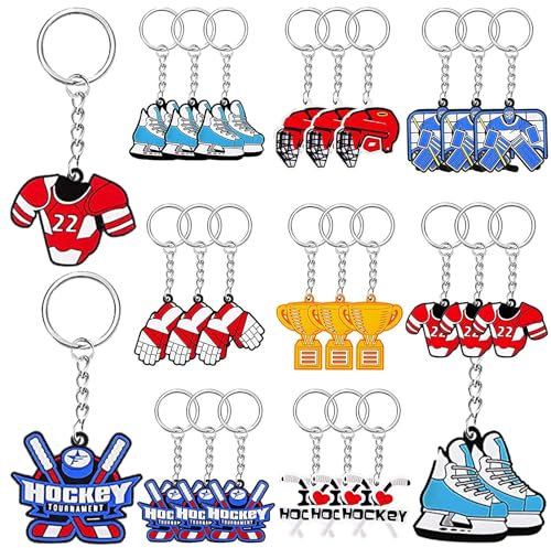 Lcnjscgo 24 Stück Eishockey-Schlüsselanhänger, Partygeschenke, Geschenke, Zubehör, Geburtstagsdekoration, Hockey-Sport-Schlüsselanhänger, Zubehör für Jungen, Mädchen, Kinder, Spielerteam, 8 Designs