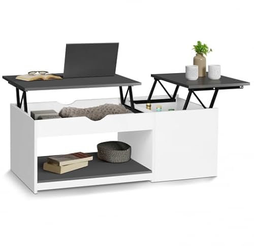 IDMarket - Table Basse 2 Plateaux relevables EYLA avec Coffre Bois Blanc et Gris