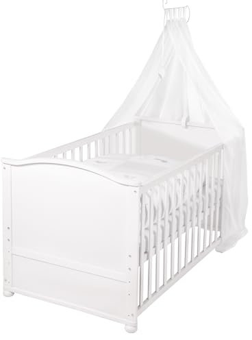 roba Mitwachsendes Babybett 70 x 140 aus Holz inkl. textile Ausstattung 'Fox & Bunny' - Set komplett mit Matratze, Bettwäsche & Himmel - Höhenverstellbares Kinderbett - Weiß/Beige