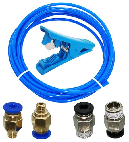 PTFE Schlauch Blau, CESFONJER 3 Meter Teflonschlauch mit 2 Stück PC4-M6 Pneumatik-anschlussstücke und 2 Stück PC4-M10 Verbinder und Leitung Rohrschneider, für 3D-Drucker 1,75 mm Filament