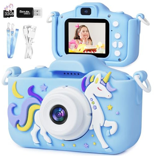 Ainiv Kinder Kamera, 2.0”Display Digitalkamera Kinder, Einhorn Kinderkamera, Weihnachten Geburtstag Geschenke für Mädchen Jungen Alter 3-12, 1080P HD Anti-Drop Fotoapparat Kinder für Spielzeug (Blau)
