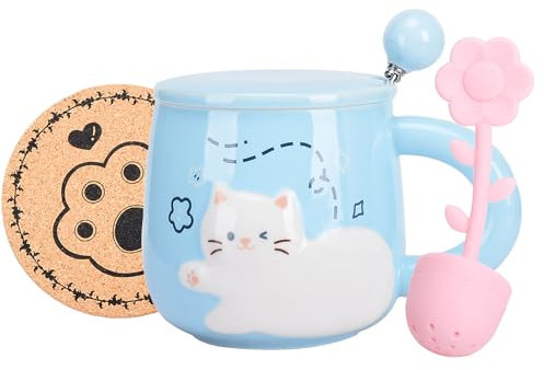 XinHuiGY Ceramic Coffee Mug,Cute Cat Tea Cups, with Lid and Stainless Steel Spoon,Hot Chocolate Novelty Handmade Mugs, Christmas, Birthday Gift for Girls Women (Blue Kitten)