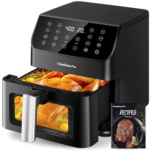 Beelicious® Freidora de aire grande de 5.8QT, freidora digital 12 en 1 con ventana transparente, más de 40 recetas, tecnología de bloqueo de sabor, recordatorio de agitación, compacto, silencioso,