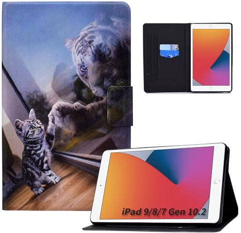 Auslbin Étui pour iPad 9 8 7 Gen 10.2 2021/2020/2019, Cuir PU de Qualité Supérieure avec Fonction Veille/Réveil Automatique, Etui de Peinture Coloré, Chat et Tigre