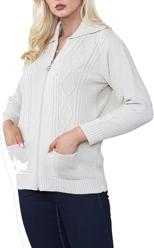 Womens Zipped Cable Knit Long Sleeve Collar Cardigan, Ladies Classic Chunky Winter Knitwear Zip Through Fasten with Pockets Pullover Jumper Top Zipper UK Plus Size 8-22, Cream-12-14