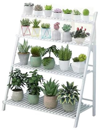 4-stufiges Holz-Leiterregal, zusammenklappbares Pflanzenregal für den Innenbereich, mehrstufiges Blumentopfregal für den Garten und das Wohnzimmer, bodenstehender Blumenständer aus grünem Massivholz (