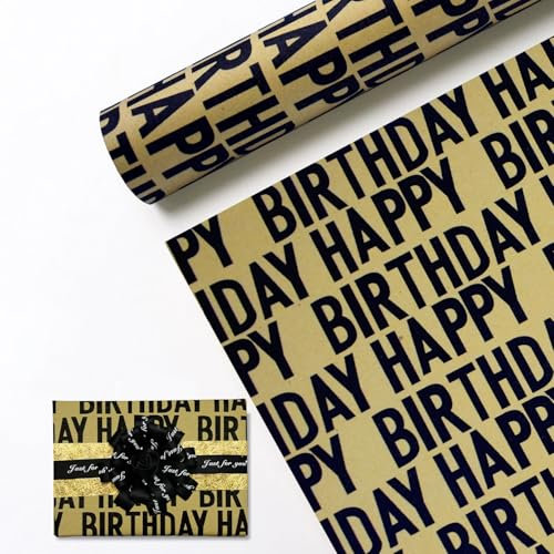 Rouleau de papier d'emballage cadeau d'anniversaire noir, 43 cm x 15 m, papier d'emballage kraft joyeux anniversaire, parfait pour anniversaire, fête prénatale, fête, décorations festives