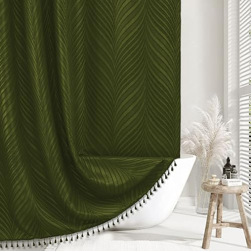 Siiluminisoy Rideau de douche en tissu tissé à rayures touffetées de style rustique moderne et minimaliste pour salle de bain, 183 x 183 cm, vert olive