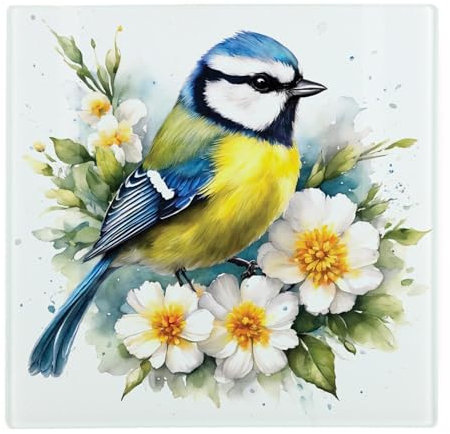 Floral Blue Tit Large Square Glass Worktop Protector - Birds & Flowers Nature Wildlife Gifts - Smooth Kitchen Chopping/Cutting Board Worktop Saver with Non-Slip Feet 30cm x 30cm (12 x 12)