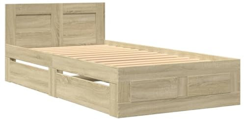 vidaXL Bettgestell, Bett mit Kopfteil, Bettrahmen mit Lattenrost, Einzelbett Schlafzimmerbett mit Stauraum, Sonoma-Eiche 90x200cm Holzwerkstoff
