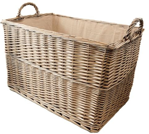 Arthur Cameron Wicker Log Basket with Lining and Handles (55x35x32cm) Sturdy Storage Basket perfect for Toys, blankets, hallway, garage, living room, bedroom or office