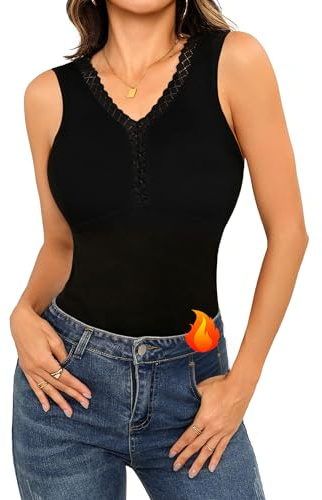 Crewhpo Camiseta Interior Térmica para Mujer sin Mangas Algodón Camiseta Térmica con Encaje Cuello en V Básica Cálida Ropa de Invierno