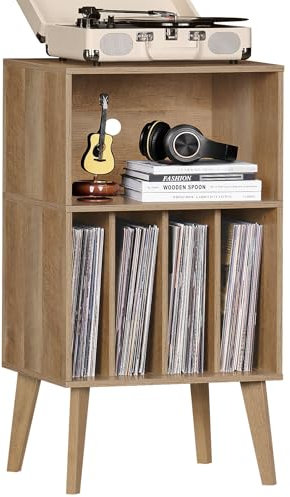 LELELINKY Record Player Stand, Turntable Stand Hold Up To 160 Albums, Mid-Century Vinyl Storage Table With Legs, Record Player Holder Display Cabinet Rack For Bedroom Living Room, Oak