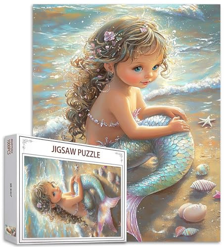 Tucocoo Niedliches Meerjungfrauen-Puzzle, 1000 Teile, Puzzles für Erwachsene, spielerische Strandkunst-Puzzles für schwierige, herausfordernde Familienaktivitäten, buntes Bastelpuzzle für