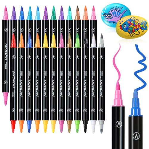 Diboniur 24 Couleurs Feutre Acrylique, Feutres Coloriage Adulte, Double Pointe Fine Stylo Feutre Aquarelle, Acrylic Marker pour Coloriage, Dessin, Peinture, Textile, Calligraphie, Bois, Verre, Pierre