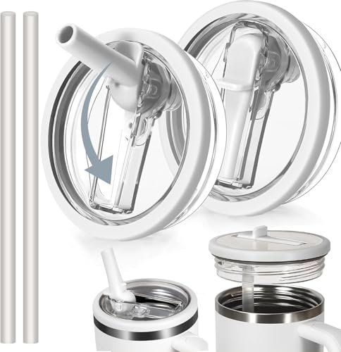 ROMANVIC Stanley Cup Deckel Auslaufsicher, 2 Stück Abnehmbar Ersatzdeckel für 40oz Becher mit 2 Trinkhalmen, Wiederverwendbarer Staubdichter Stanley Cup Deckel