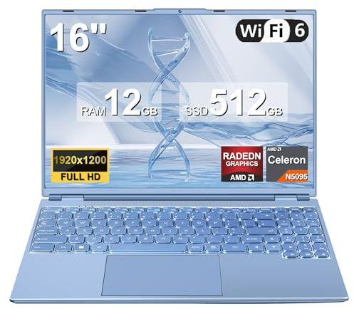 PC Portatile Notebook 16 Pollici 12+512GB 1TB SSD Espansione, Win 11 pro Laptop Celeron N5095 (fino a 2.9Ghz) 丨Ventola di Raffreddamento丨Supporto 5G WIFI丨1920 * 1200 2K Schermo Doppio-Blu