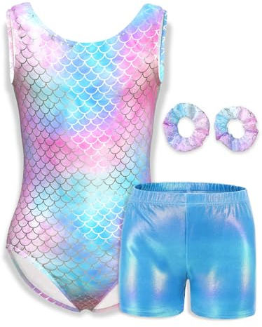 Mulnall Justaucorps de gymnastique pour filles – Tenue de sport pour enfants, Ensemble sirène bleu-rose, 8Y(8-9 Years)