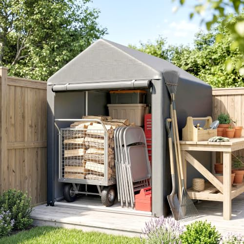 Outsunny Carpa de Jardín Exterior 2 Habitaciones 1,2x1,8x1,65 m Gris Claro | para Herramientas Bicicletas, Cobertizo Exterior, Puerta Enrollable con Cremallera, Impermeable Anti-UV, Garaje Portátil
