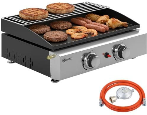 Outsunny Barbacoa de Gas BBQ Gas 2 Quemadores 5 kW con Plancha Negro | Barbacoa Portátil, Rejilla Calentadora, Recogedor Grasa, para Camping, Picnic, Terraza