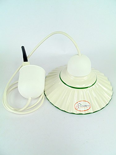 lampadario design cavo in plastica bianca sospensione a una luce con piatto in ceramica bordato verde l1039 Misure:H 79cm,Ø piatto 19cm.Le misure sono con vetro.Portalampada attacco Edison E 27