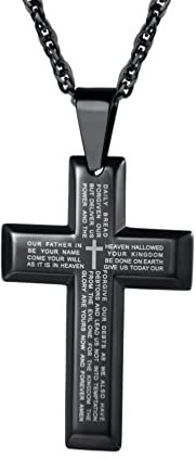 PROSTEEL Vaterunser Kreuz Anhänger Halskette Edelstahl mit schwarzem Metall plattiert Kreuzanhänger mit Englischer Inschrift Bibel Gebet Schmuck für Herren Damen, schwarz