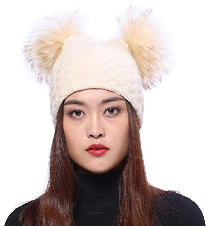 Damen Strickmütze schöne Baskenmütze Winter Mütze zwei Bommel Bommelmütze Beanie Waschbär Fell - Beige