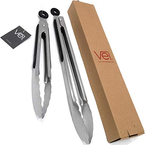 Vel. Set di pinze da cucina antiscivolo, confezione da 2, per cucinare, servire, barbecue, buffet, insalata, ghiaccio, design ergonomico
