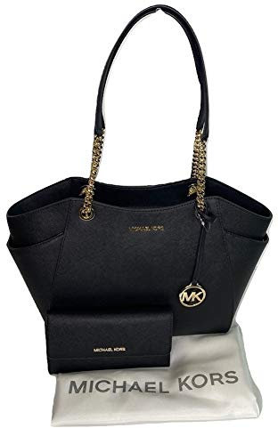 MICHAEL Michael Kors Jet Set Travel Large Chain Shoulder Tote bundled with Michael Kors Jet Set Travel Trifold Wallet Black