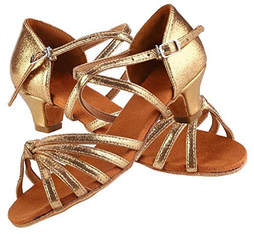 Scarpa da Ballo, PU Morbido e Confortevole Scarpa da Ballo alla Moda per Bambina con Tacco Alto 4 cm(33-Oro)