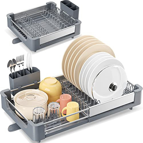 KINGRACK Expandable Dish Drainer Rack, Foldable Dish Rack With Removable Cutlery Holder, Adjustable Dish Drying Rack With Swivel Drainage Spout