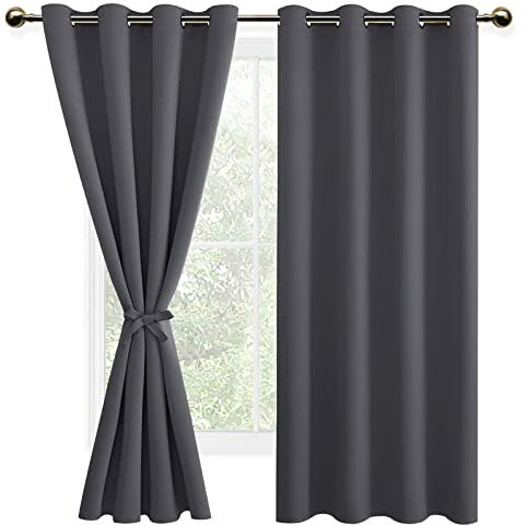 DWCN Vorhang Blickdicht mit Vorhang Raffhalter Verdunkelungsgardinen mit Ösen 2 Stücke Thermogardine, Blackout Curtain Verdunkelung Thermovorhang, Dunkelgrau,200x140cm(HxB)