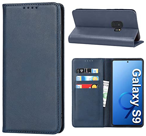 Handyhülle für Samsung Galaxy S9, Leder Wallet Schutzhülle Mit Kartenfach, Standfunktion, Stoßfest, Klapphülle, Flip Case Cover (Blau)