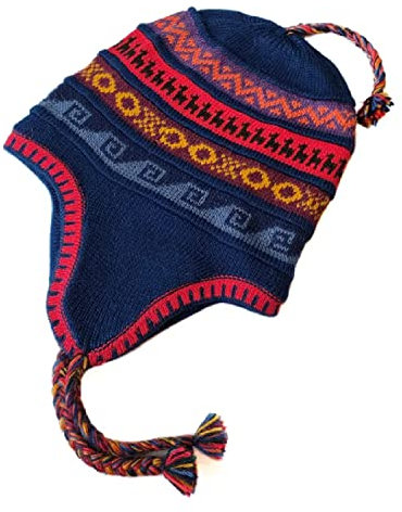 Peruanische Alpaka-Mütze für Damen und Herren - Weiche, Warme Beanie, Hergestellt in Peru - Weiches, Leichtes und Widerstandsfähiges Alpaka - Blau-Rote Linie, Medium