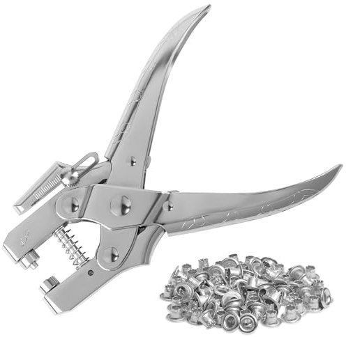 Kurtzy Set Pinza Occhiellatrice con 100 Occhielli Argento da 7,2 mm - Pinza 16 cm per Anelli Metallici Cintura Pelle - Pinze Occhielli per Teloni Tessuti Scarpe Borse Artigianato