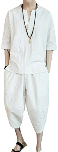 Ensemble De Linge De Coton De Style Chinois pour Hommes Ensemble Deux Pièces Été Couleur Unie Lin Lâche Et Short 2pcs Set Blanc M