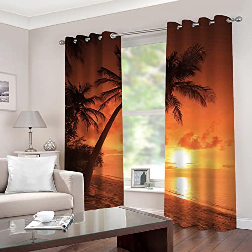 MYPALL Gardinen Blickdicht Ösen Kinder 3D Gelb & Palmen 2X B140x H245cm 2Er Set Blickdicht Vorhänge Kinderzimmer Thermo Gardinen Für Raum Verdunkeln Ösenvorhang Fensterdekoration