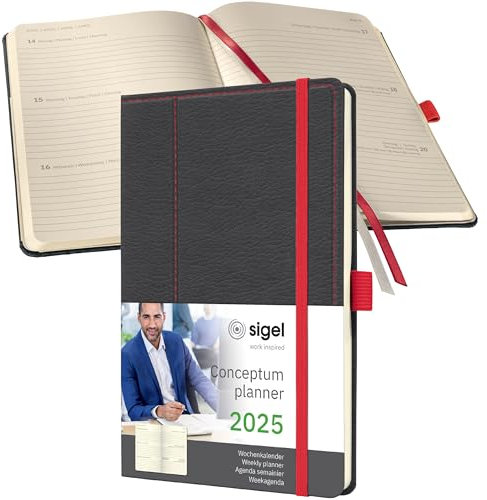SIGEL C2555 Wochenplaner Wochenkalender 2025, Lederoptik, ca. A5, dunkelgrau/rot, Hardcover, 192 Seiten, Gummiband, Stiftschlaufe, Archivtasche, aus nachhaltigem Papier, Conceptum
