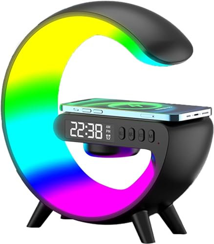 Wireless Charger Lamp,G Shape Lamp Phone Charger,LED Wireless Table Speaker Charger Light,Wireless Charging Light Up Speaker,RGB Color Changing Ambient Light Alarm Clock Smart Mood Light Bedside Lamp