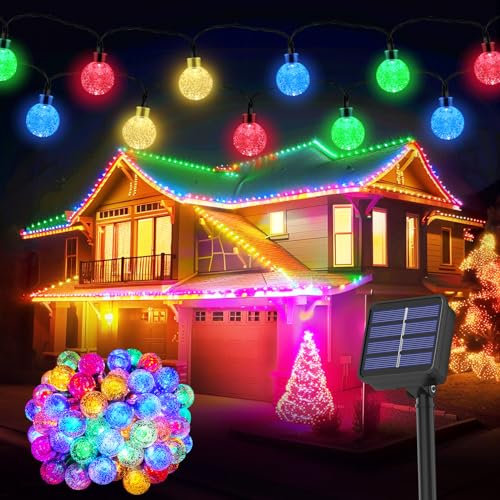 Lichterkette Außen Solar Wetterfest, 60 LED 8 Modi IP65 Wasserdicht Bunt Kristall Kugeln Solarlichterkette aussen Wetterfest Solar Lampions für Balkon Deko Terassen Garten Bäume Weihnachten Festival