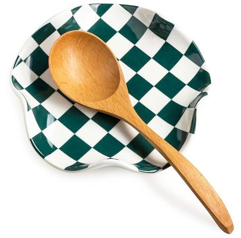 Miamolo Checkered Spoon Rest for Kitchen Counter, Cooking Spoon Holder for Stove Top, Large Utensil Spatula Rest Tray, Cute Kitchen Gadgets Gift for Housewarmings Weddings