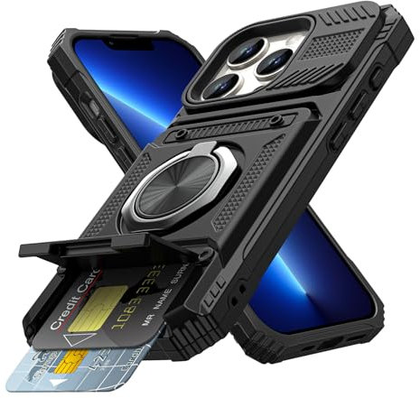Coolden for iPhone 13 Pro Max Case with Card Holder [Max 2 Cards] Ring Holder Kickstand Shockproof Military Grade Heavy Duty Protective Case Wallet Case Cover for iPhone 13 Pro Max Phone Case-Black