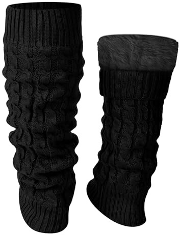Shihanee Winter Fleece Lined Leg Warmers for Women Black Cable Knit
