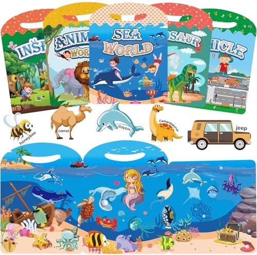 Wiederverwendbares Stickerbuch-Set für Kinder – 3D-Stickerbuch für Kleinkinder von 1–5 Jahren, ideal für Jungen und Mädchen – enthält Tiere, Insekten, Fahrzeuge, Ozeane und Dinosaurier (5er-Set)