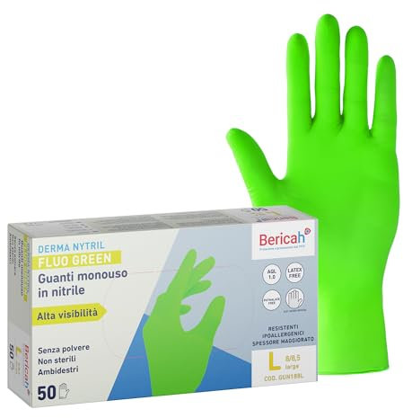 Bericah, Derma Nytril Fluo Green, Taglia L, Guanti Monouso in Nitrile, Senza Polvere, Colore Verde Fluo ad ALTA VISIBILITA', 1 box da 50 guanti