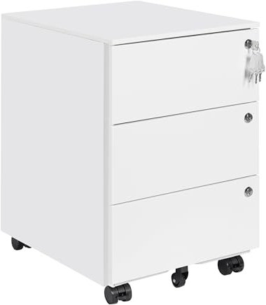 LVSTEEL Rollcontainer mit Schubladen, Mobiler Aktenschrank unter Schreibtisch, Abschließbarer Büroschrank, Druckertisch, 3 Schubladen 4 Schlüssel, Vormontiert, Büro, Homeoffice, Weiß