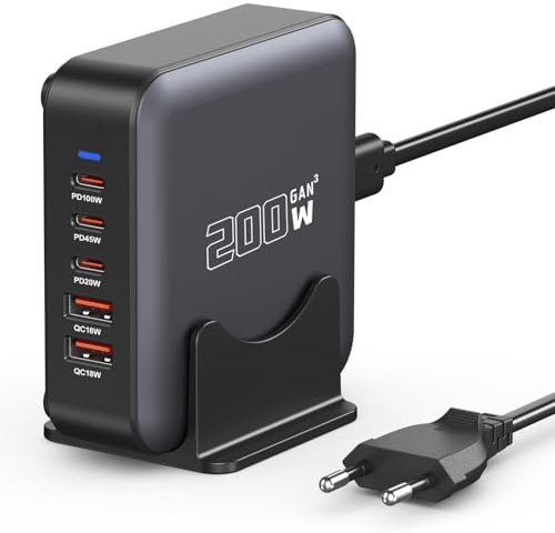 200W USB C Ladegerät Mehrfach, 5 Ports Schnellladegerät GaN Netzteil Ladestation, PD+QC Desktop Power Adapter 100W Typ C Anschlüsse Laptop Charger Kompatibel mit MacBook/iPhone 16/Galaxy S23 und mehr