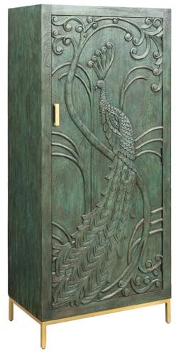 Riess Ambiente Massives Highboard Peacock - 170cm - grün - Mangoholz 3D-Schnitzerei Pfau-Design antik Stauraum Eisen Schnitzereien Handmade