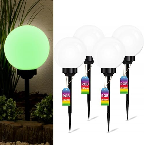 Lumiled Set 4x Solarlampe für außen Garten Kugelleuchte mit Erdspieß RGB Mehrfarbig ∅25 cm Dämmerungssensor Außenleuchte Wegeleuchte Stehleuchte Außenleuchte Wegeleuchte Stehleuchte IP44