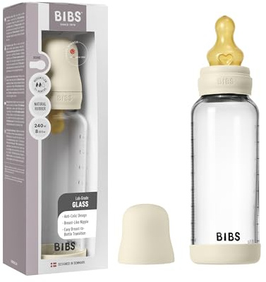 BIBS Baby Glasflasche 240ml, Vermindert Koliken, Runder Sauger aus Naturkautschuklatex, Unterstützt das Stillen. Hergestellt in Dänemark, Complete Set, 240ml - Ivory